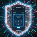 Smartphone com app Multicaixa Express aberto em tela de validação por SMS com ícone de escudo para segurança.