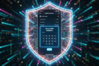 Smartphone com app Multicaixa Express aberto em tela de validação por SMS com ícone de escudo para segurança.