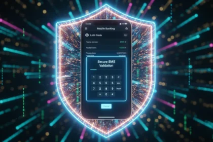 Smartphone com app Multicaixa Express aberto em tela de validação por SMS com ícone de escudo para segurança.