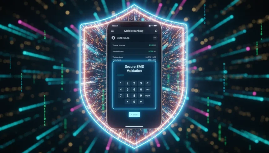 Smartphone com app Multicaixa Express aberto em tela de validação por SMS com ícone de escudo para segurança.