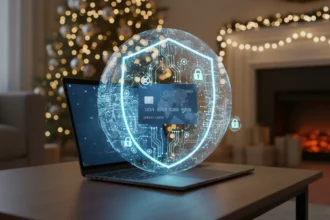 Pessoa usa computador sob escudo digital sobre como navegar em segurança na Internet e evitar fraudes de fim de ano.