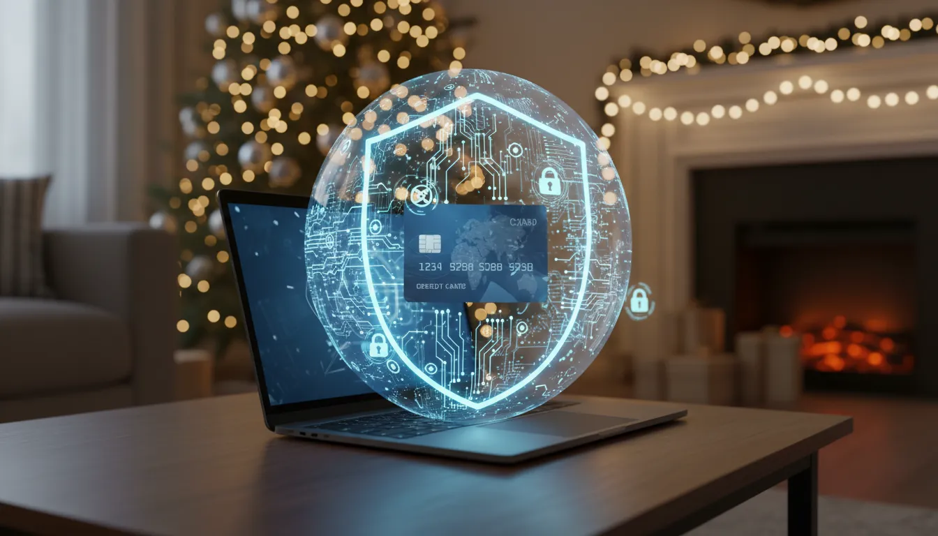 Pessoa usa computador sob escudo digital sobre como navegar em segurança na Internet e evitar fraudes de fim de ano.
