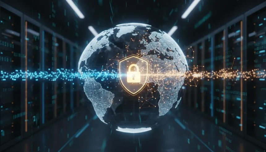 Infográfico de transferências internacionais seguras destacando os códigos IBAN, SWIFT e BIC em rotas globais.