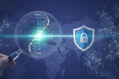 Mãos digitando em laptop com tela mostrando um domínio e um escudo, ilustrando como comprar um domínio e proteger sua marca.