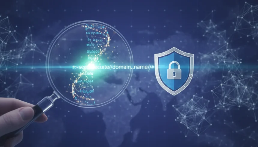 Mãos digitando em laptop com tela mostrando um domínio e um escudo, ilustrando como comprar um domínio e proteger sua marca.