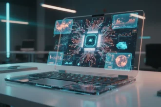 Pessoa comparando especificações de processadores com IA em um notebook para comprar um computador em 2025.