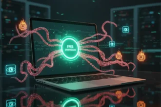 Monitor com alertas de vírus e malware em programas pagos distribuídos gratuitamente baixados em sites não oficiais.