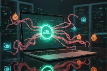 Monitor com alertas de vírus e malware em programas pagos distribuídos gratuitamente baixados em sites não oficiais.