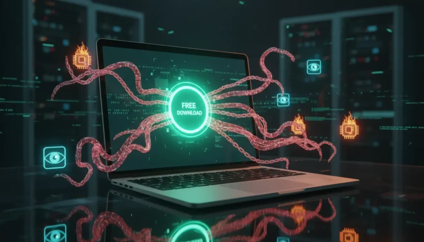 Monitor com alertas de vírus e malware em programas pagos distribuídos gratuitamente baixados em sites não oficiais.