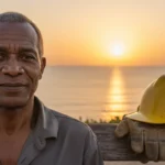 Trabalhador angolano aos 50 anos sorri em obra, celebrando o benefício da reforma antecipada por desgaste rápido.