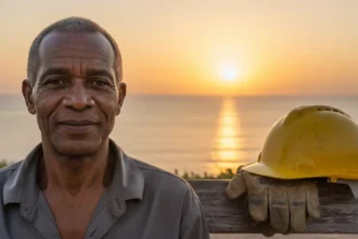 Trabalhador angolano aos 50 anos sorri em obra, celebrando o benefício da reforma antecipada por desgaste rápido.