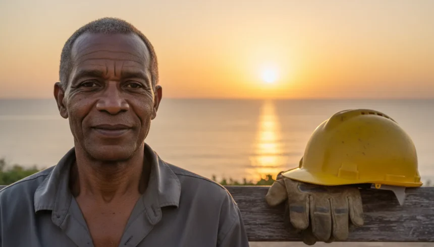 Trabalhador angolano aos 50 anos sorri em obra, celebrando o benefício da reforma antecipada por desgaste rápido.