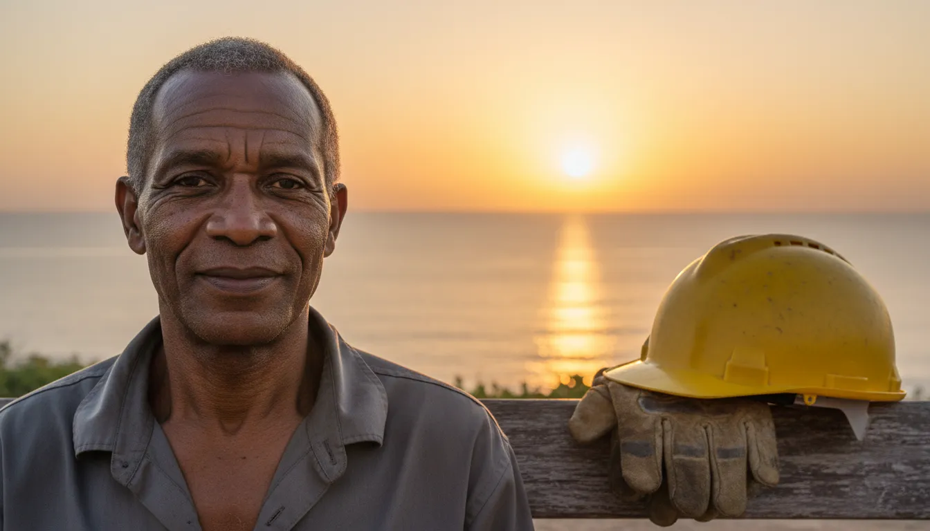 Trabalhador angolano aos 50 anos sorri em obra, celebrando o benefício da reforma antecipada por desgaste rápido.