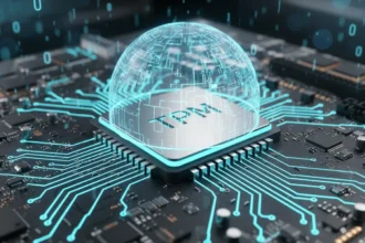 Microchip em placa-mãe com cadeado digital destacando a segurança do TPM no Windows 11 para proteção de dados.