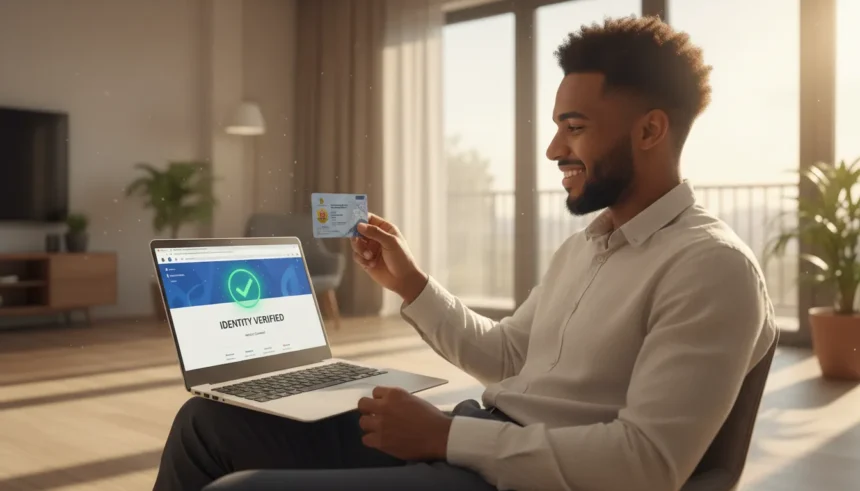 Pessoa usando notebook para validar o PIN AdSense em Angola via formulário digital de verificação de identidade.