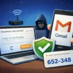 Passo a passo para Recuperar a Conta Google no celular, com tela de seleção de identidade e opções de recuperação de acesso.