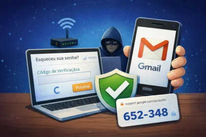 Passo a passo para Recuperar a Conta Google no celular, com tela de seleção de identidade e opções de recuperação de acesso.