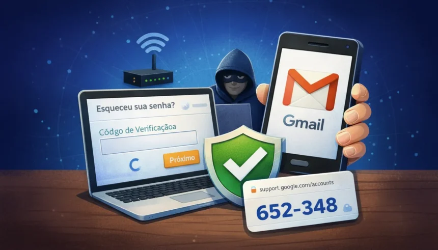 Passo a passo para Recuperar a Conta Google no celular, com tela de seleção de identidade e opções de recuperação de acesso.