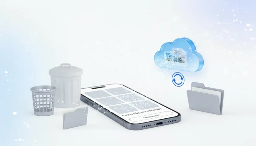 App Google Fotos em celular destacando a lixeira e o backup para recuperar fotos e vídeos que sumiram da galeria.