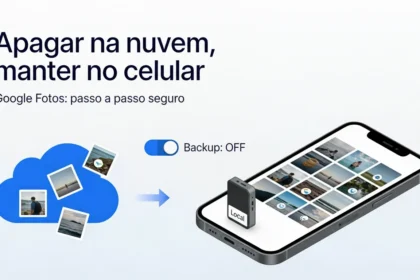 Tela de celular com o tutorial de como apagar fotos do Google Fotos, sem apagar do celular em um guia ilustrado.