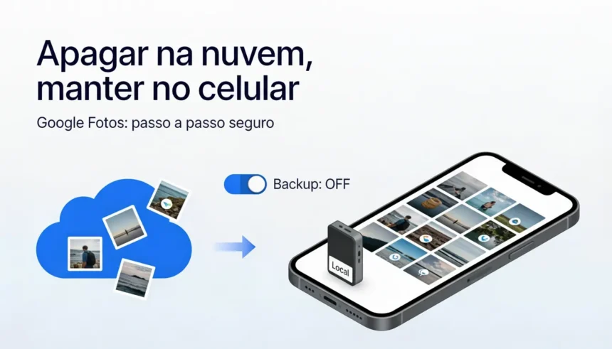 Tela de celular com o tutorial de como apagar fotos do Google Fotos, sem apagar do celular em um guia ilustrado.