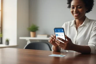 Pessoa usa o celular no Portal da AGT. Saiba como atualizar o seu NIF sem sair de casa usando apenas o seu BI.