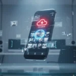 Smartphone com erro de sincronização e fotos que não aparecem no app mas estão na nuvem exibidas na tela.