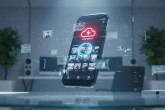 Smartphone com erro de sincronização e fotos que não aparecem no app mas estão na nuvem exibidas na tela.