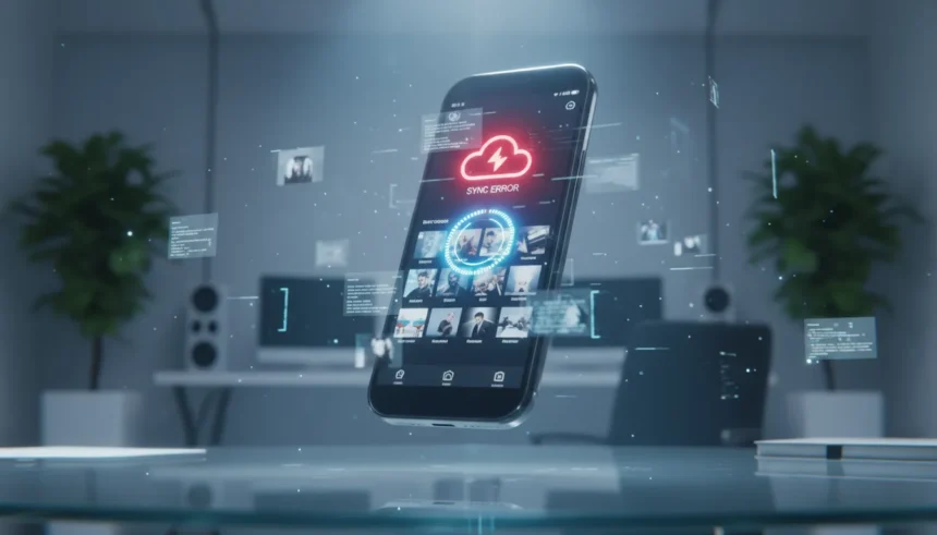 Smartphone com erro de sincronização e fotos que não aparecem no app mas estão na nuvem exibidas na tela.