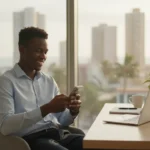 Pessoa usa celular e notebook para ganhar dinheiro na internet em Angola e garantir renda extra semanal.