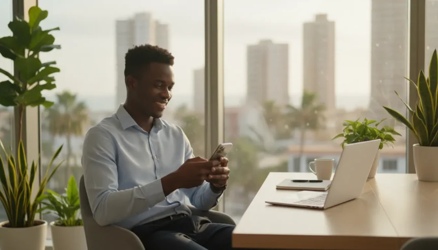 Pessoa usa celular e notebook para ganhar dinheiro na internet em Angola e garantir renda extra semanal.