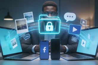 Interface de segurança com ícones de fotos ensinando como baixar seus dados do Facebook e proteger sua privacidade.