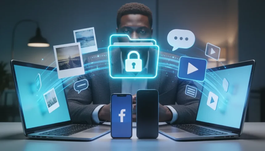 Interface de segurança com ícones de fotos ensinando como baixar seus dados do Facebook e proteger sua privacidade.