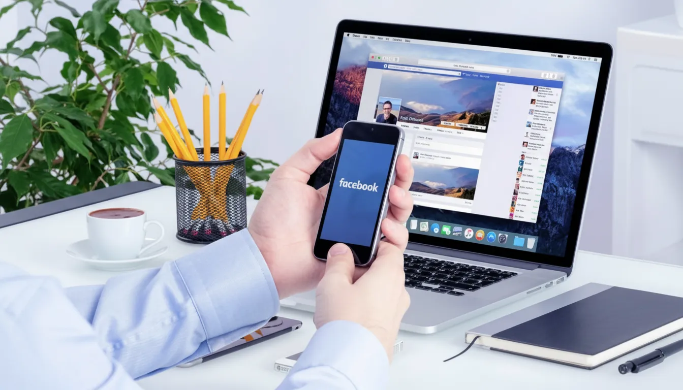 Guia para transferir fotos e vídeos do Facebook para o Google Fotos com logotipos das redes e indicação de backup.