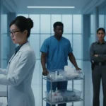 Vigilante, secretária e técnico de logística atuando na carreira de apoio hospitalar para segurança dos pacientes.