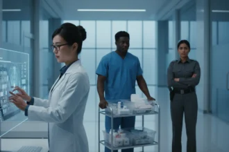 Vigilante, secretária e técnico de logística atuando na carreira de apoio hospitalar para segurança dos pacientes.