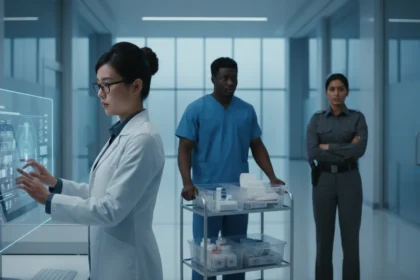 Vigilante, secretária e técnico de logística atuando na carreira de apoio hospitalar para segurança dos pacientes.