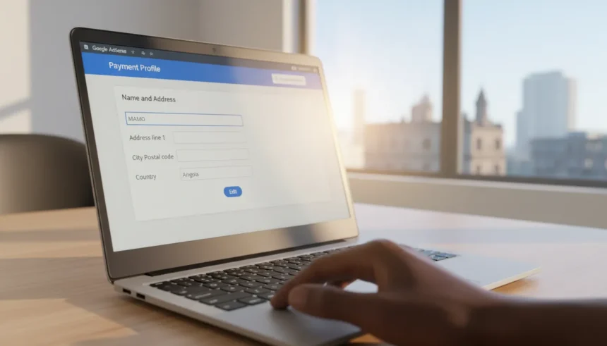 Interface do Google AdSense aberta na seção de configurações para editar o nome do perfil de pagamento.