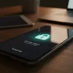 Smartphone exibe o backup da Pasta Trancada no Google Fotos com ícone de nuvem e cadeado em destaque.