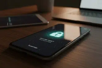 Smartphone exibe o backup da Pasta Trancada no Google Fotos com ícone de nuvem e cadeado em destaque.