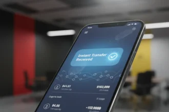 Celular exibindo passo a passo de como receber uma transferência express e aceitar valores pendentes em Angola.
