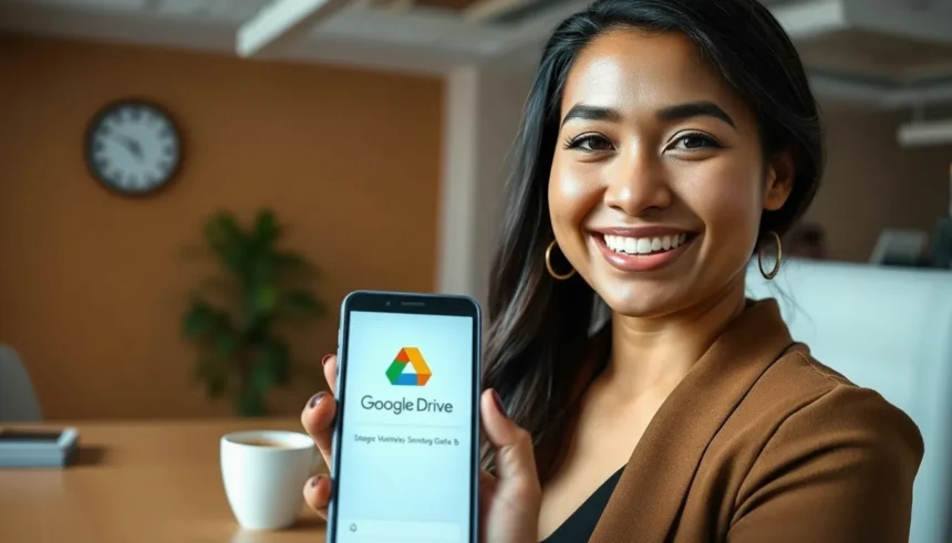Gráfico dos 15 GB do Armazenamento da conta Google destacando o uso de espaço entre Drive, Gmail e Fotos.