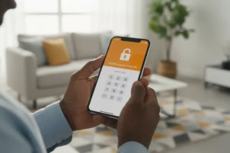 Smartphone com erro de conta Multicaixa Express suspensa e ícone de relógio indicando o tempo para desbloqueio do app.