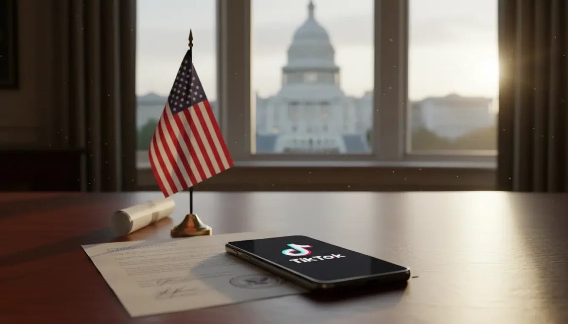 Imagem em close-up de um smartphone exibindo o logotipo do TikTok sobre uma mesa de mogno, ao lado de um documento legal assinado e uma bandeira americana, em um escritório em Washington D.C.