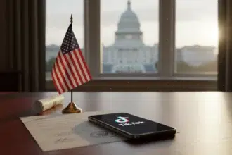 Imagem em close-up de um smartphone exibindo o logotipo do TikTok sobre uma mesa de mogno, ao lado de um documento legal assinado e uma bandeira americana, em um escritório em Washington D.C.