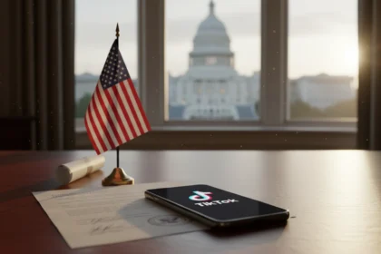 Imagem em close-up de um smartphone exibindo o logotipo do TikTok sobre uma mesa de mogno, ao lado de um documento legal assinado e uma bandeira americana, em um escritório em Washington D.C.
