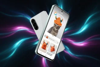 Smartphone Galaxy A56 com design premium e câmeras avançadas em destaque sobre fundo tecnológico.