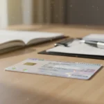 Documentos e identificação para Renovação de Título de Residência CPLP organizados sobre uma mesa de trabalho.