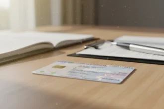 Documentos e identificação para Renovação de Título de Residência CPLP organizados sobre uma mesa de trabalho.