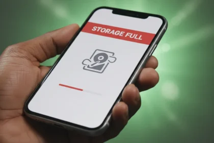 Mão segura smartphone onde o Google One armazenamento não atualizou, exibindo barra de alerta e fundo verde suave.